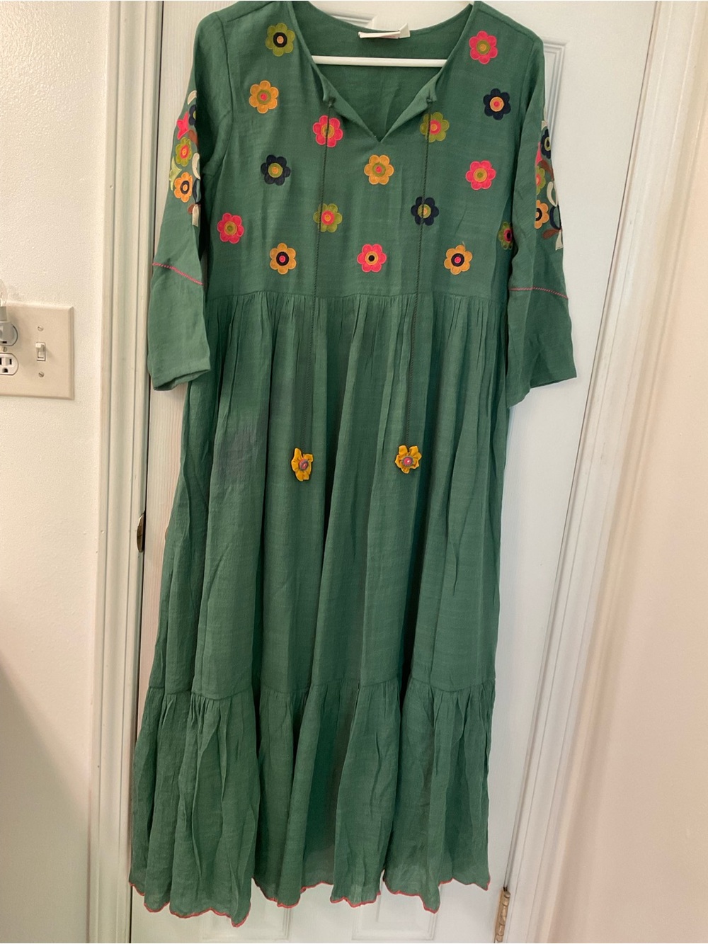 Indian Satya fusion Green Maxi Dress Multicolor Floral Embroidery 18” by 46”